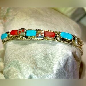 EFFIE C SIGNED ZUNI 925 SLEEPING BEAUTY(?) TURQUOISE CORAL RATTLESNAKE BANGLE